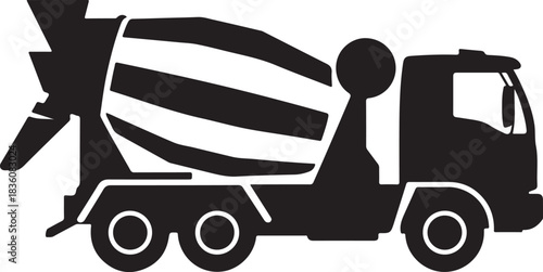 A stark black silhouette of a concrete mixer truck on a white background representing construction and industry silhouette
