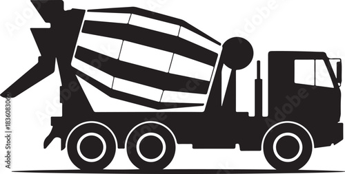 A stark black silhouette of a concrete mixer truck on a white background representing construction and industry silhouette