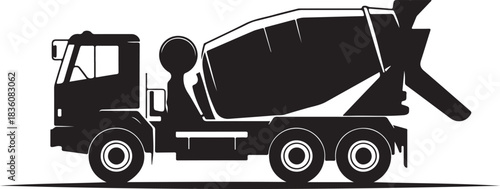 Black silhouette of a concrete mixer truck with a rotating drum on a white background