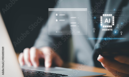 Business person using AI voice command with smartphone to create voice prompt for process automation without typing. Artificial intelligence for voice bot command technology.