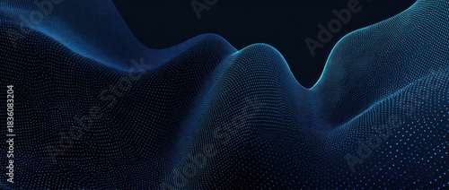 A dark blue digital rendering shows undulating, pixelated waves, reminiscent of a data landscape