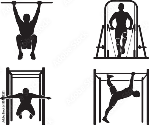 Pull-up exercise variations silhouette set showing gym workout techniques on bars and machines for upper body strength training illustration
