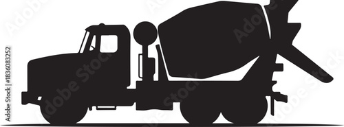 Black silhouette of a concrete mixer truck with a rotating drum on a white background