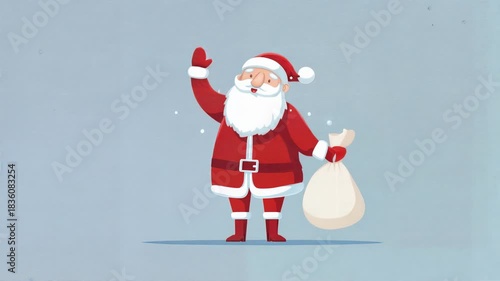 Joyful cartoon Santa in classic red suit stands on soft blue background waving and holding sack full of presents creating friendly Christmas greeting for kids content