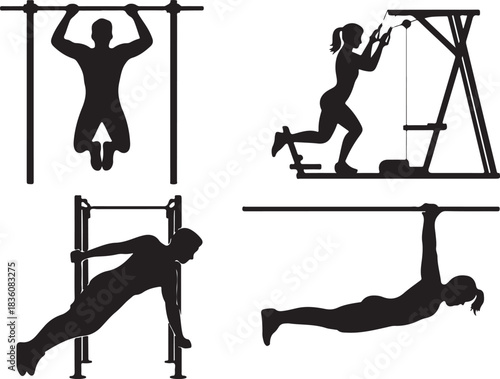 Pull-up exercise variations silhouette set showing gym workout techniques on bars and machines for upper body strength training illustration