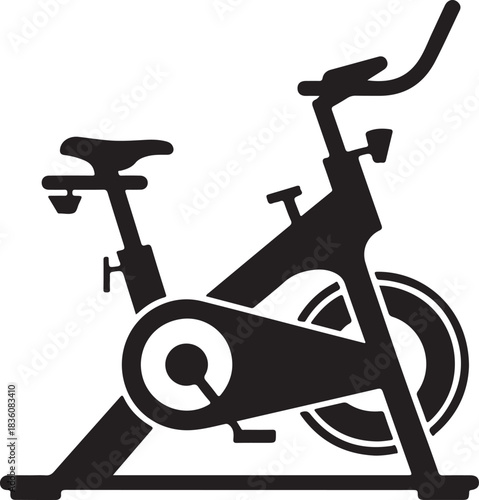 Stationary exercise bike icon, a clean silhouette symbol representing indoor fitness, cycling workout, gym equipment, health, and active lifestyle training