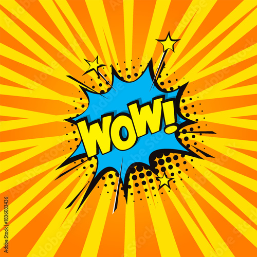 Colorful comic-style speech bubble with dynamic starburst effects and retro halftone dots surrounding the word “WOW!”