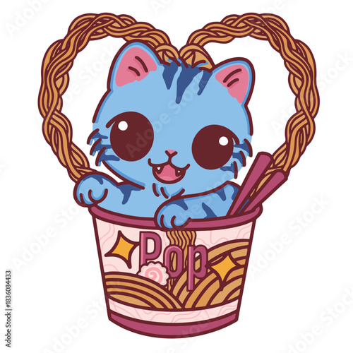 Cute blue derpy tabby cat inside a ramen cup with heart shape noodles cartoon