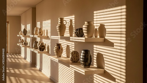 Sunlit Pottery Display - A Gallery of Ceramic Art in Warm Light.