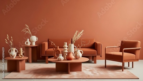 Warm terracotta living room interior with modern furniture and decor.