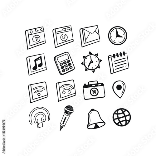 Hand-drawn technology and communication icon set for web and mobile design