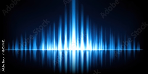 Abstract image of blue light beams radiating upwards from a horizontal line, dark background