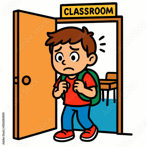 Nervous child at classroom door 