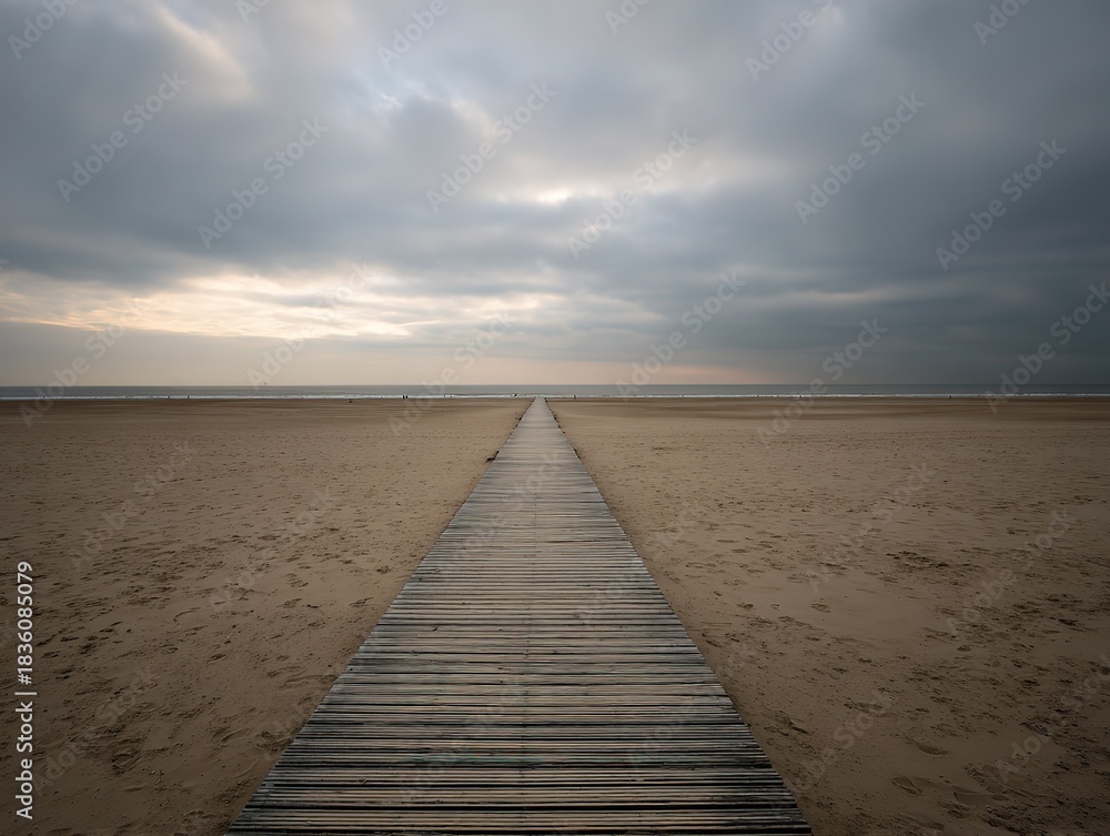 Obraz premium Long wooden boardwalk on empty beach in overcast sky open sand cloud background natural landscape scene 