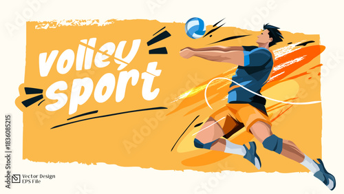 Volleyball Sport vector illustration with a bright orange background featuring a male athlete executing a dig/pass with high energy. Ideal for sporting events, high-action fitness promotions, Sports