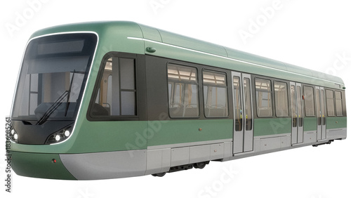 Tableau sur toile Modern green tram PNG isolated on transparent background, public transportation