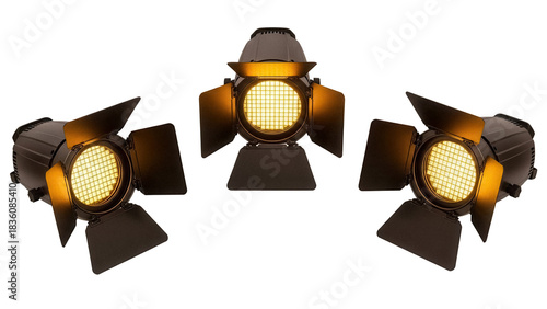 Three fresnel stage lights PNG isolated on transparent background, theatrical lighting equipment for film and photography studio
