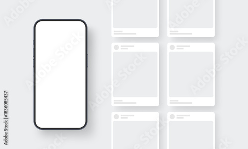 Cellphone mockup with blank social media posts. Clean template for branding, promo design, digital content