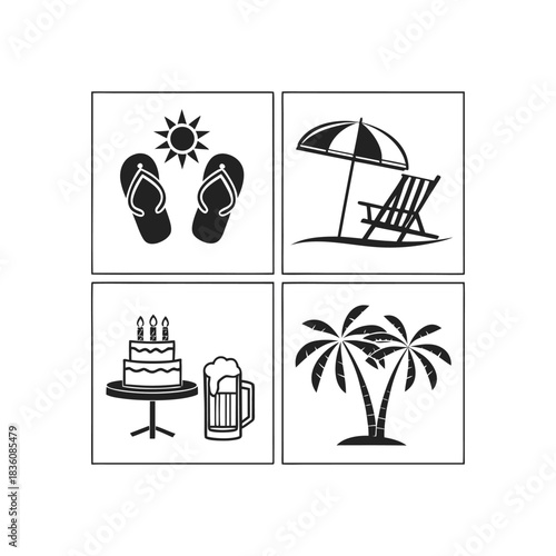 Summer beach holiday and celebration leisure activity concept icons.