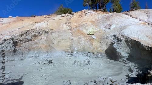 Boiling Mud Pots and Geothermal Fumaroles in Lassen Volcanic National Park Landscapes, California USA. 4K Videos. 