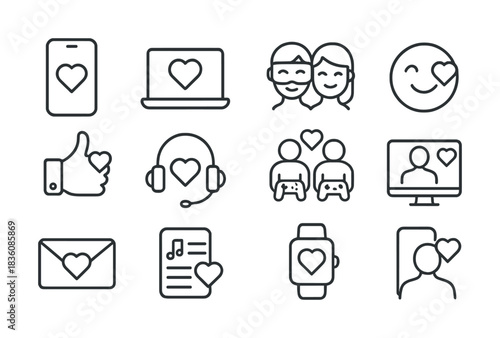 Technology and connection icons featuring smartphones, computers, and people