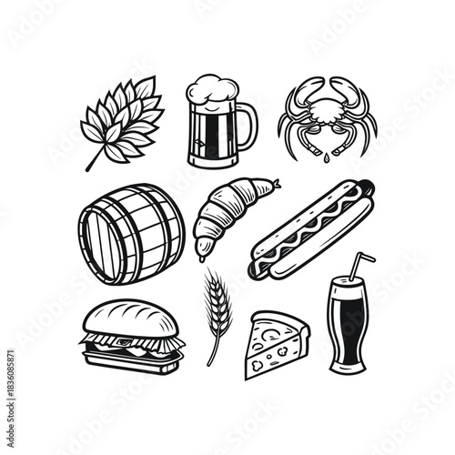 Hand drawn collection of food and drink icons, beer, burger, pizza, crab, hot dog, croissant, barrel