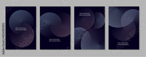 A set of abstract posters featuring dark-themed futuristic designs with circular wave patterns, gradient lines, and modern geometric elements. 