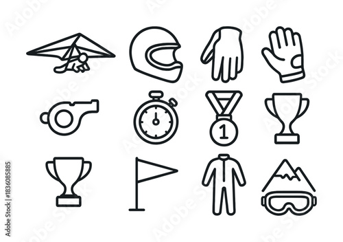 Adventure sports icons: hang gliding, racing helmet, gloves, whistle, stopwatch, medal, trophy, flag, suit, mountain, goggles
