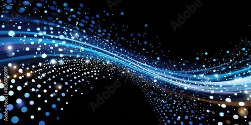 Abstract blue and white light trails with dots on a black background, flowing and dynamic