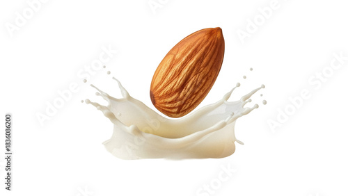 Fotografía Almond splashing into milk isolated on transparent background PNG, healthy nut m