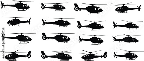 Dynamic collection of helicopter silhouettes offering versatile design elements for aviation projects, military themes, and transportation concepts in sleek black