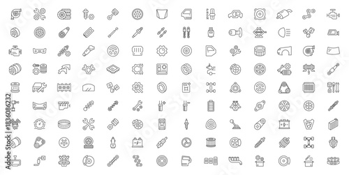 Car Spare Parts Outline Vector Pack. Mechanical Components, Tools, Engine, Axle & Repair Icons