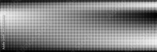Grunge halftone background. Fading grit noise gradient texture. Black and white sand wallpaper. Wide retro pixelated backdrop. Anime or manga comic style overlay. Vector long halftone gritty bg
