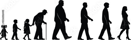 Human life cycle progression showcasing growth, aging, and generations walking forward in unity for family, health, and development concepts