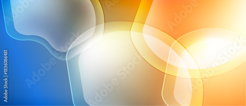 Abstract background features flowing shapes, vibrant colors. Blue, yellow, orange blend creating dynamic visual effect. Smooth gradients present.