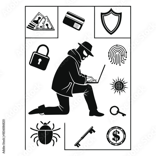 Cybercrime, digital security, and data protection conceptual vector icons