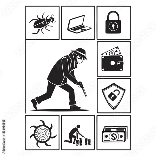Cybercrime concept with hacker on laptop surrounded by digital theft icons
