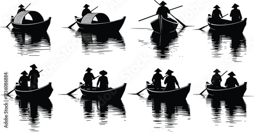 Serene silhouettes of traditional Vietnamese boats gliding on water create a nostalgic travel mood perfect for cultural projects and vintage designs
