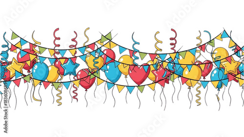 Festive celebration decoration with balloons, confetti and pennant flags seamless border