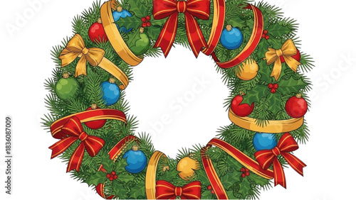 Festive Christmas Wreath with Ribbons and Ornaments