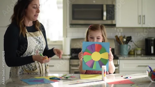 Mother and daughter enjoy craft activity at home in natural light