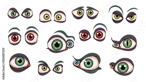 Whimsical collection of diverse cartoon eyes with various funny and expressive emotions, perfect for character design