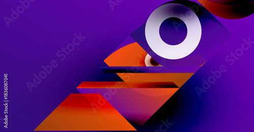 Abstract geometric composition. Purple background features orange, white shapes. Dynamic layers create depth, visual interest. Modern design.