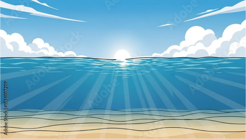 Tranquil Cartoon Ocean Horizon with Bright Sun Rays and Sandy Beach Shoreline