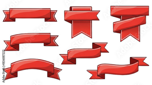 Assortment of Glossy Red Ribbons and Banners for Stylish Graphic Design Elements and Event Decorations