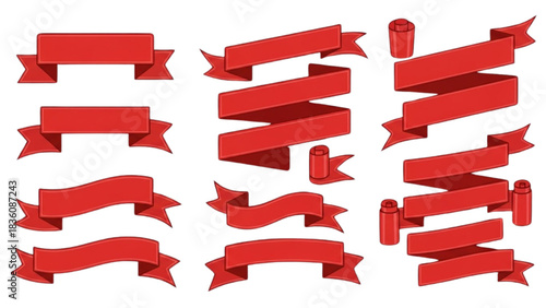 Collection of Red Ribbons and Banners for Design and Decoration Elements