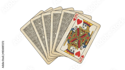 Old Deck of Cards with King of Hearts Facing Front, Antique Look