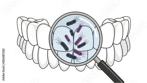 Dental Health Examining Bacteria with Magnifying Glass in a Detailed Illustration