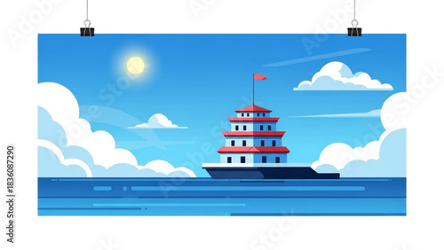 Flat design of a tower on a boat in the sea with clouds and sun