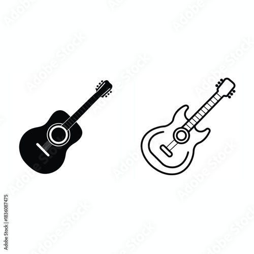 Acoustic guitar and electric guitar icons isolated on white background